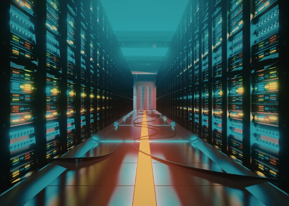 Modern data center with server racks requiring advanced thermal management and cooling solutions