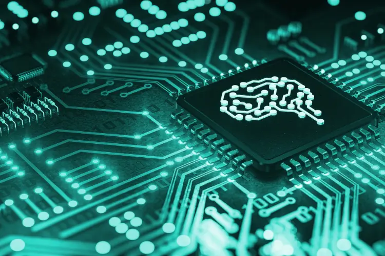 AI Processor Thermal Management and CFD Heatsink Design AI processor chip on electronic circuit board representing CFD thermal analysis and heatsink optimization