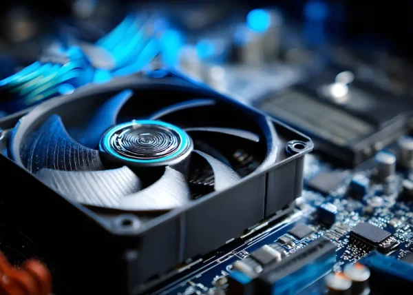 Close-up of CPU cooling fan mounted on heat sink showing forced air thermal management in computer motherboard