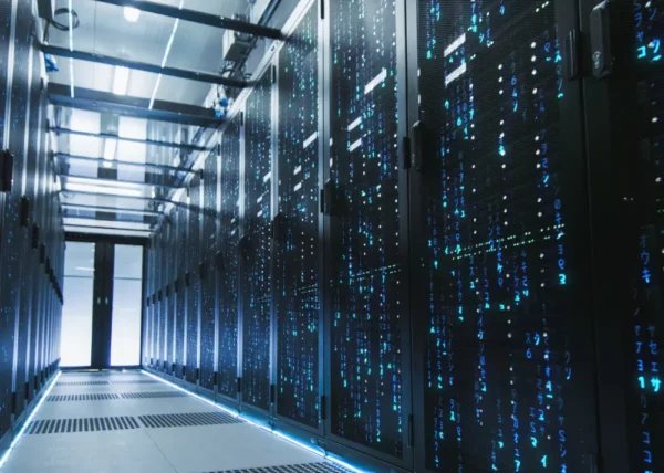 Modern data center server racks used for AI and high-performance GPU computing requiring advanced thermal management