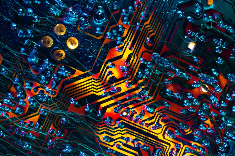 Close-up of high-density electronic circuit board used in thermal management and product validation applications