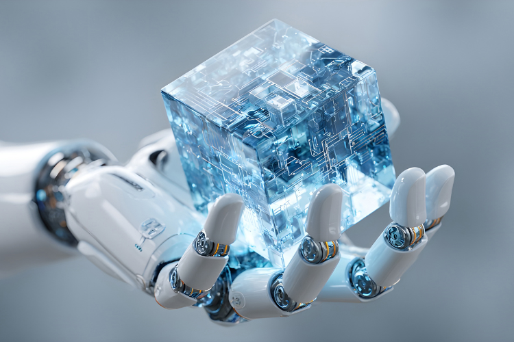 Robotic hand holding a transparent AI hardware cube representing advanced thermal design and cooling technology.