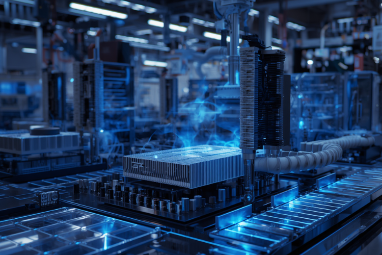 Advanced Heat Sink Design for AI Hardware Cooling Advanced heat sink cooling system in a high-tech manufacturing environment for AI hardware thermal management.
