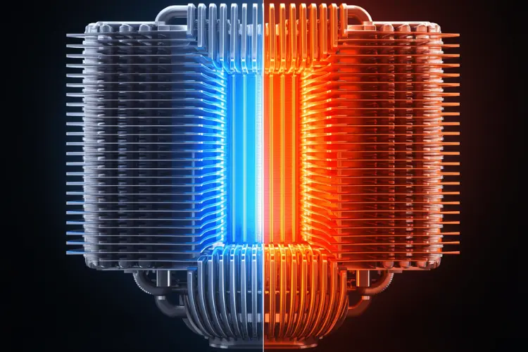 Advanced heatsink with thermal heat transfer visualization showing cooling efficiency and heat dissipation