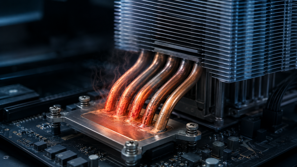 Heat pipe heatsink cooling a high-power electronic component.