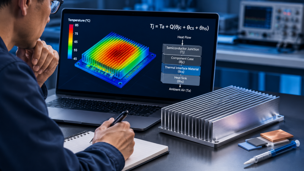 Engineer reviewing heat sink thermal resistance and temperature simulation data.