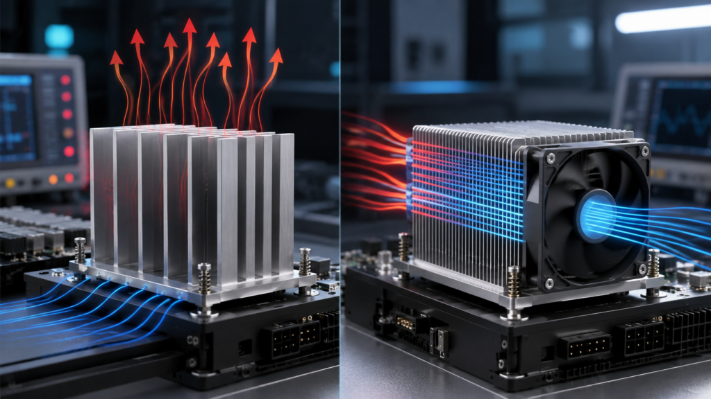 Natural vs. forced convection heatsinks showing passive airflow and fan-driven cooling