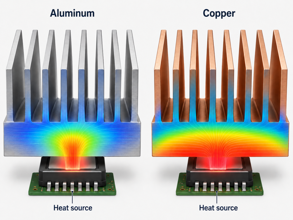 Aluminum and copper heatsinks compared with thermal gradients showing heat spreading from an electronic component.