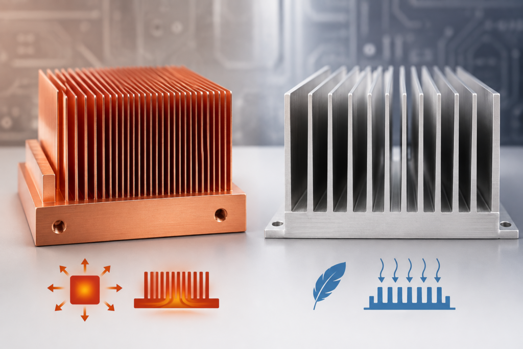 Skived copper vs aluminum heatsinks showing differences in fin density, material, and cooling design
