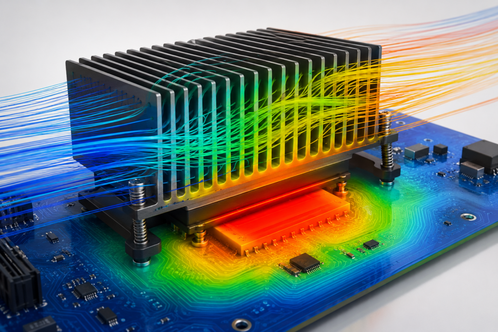 High-power electronics heatsink with CFD airflow streamlines and temperature contours showing thermal performance.