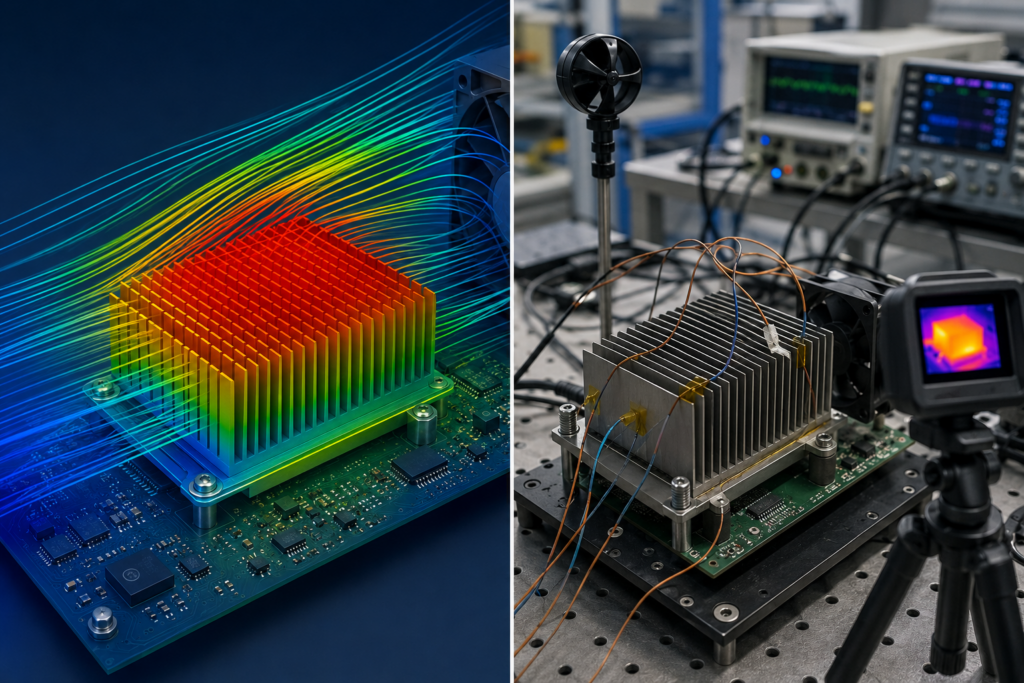 Split-screen comparison of CFD heatsink simulation with airflow and temperature contours versus physical thermal lab testing with sensors and airflow equipment.