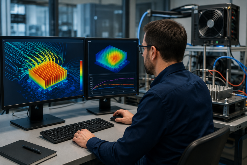 Thermal engineer comparing CFD heatsink temperature results with prototype test data in a professional thermal laboratory.