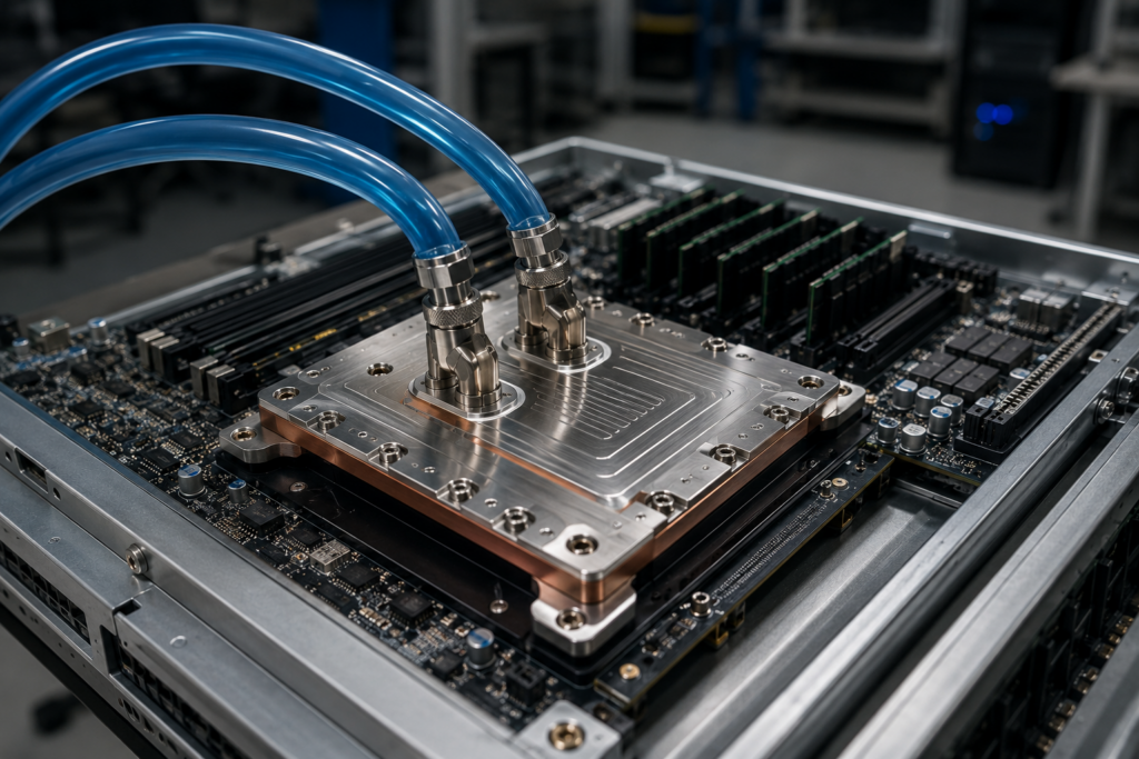 High-performance liquid cooling cold plate mounted on server electronics with visible blue coolant tubing in a clean engineering environment.