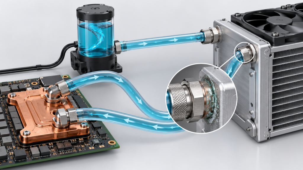 Copper cold plate and aluminum radiator connected in a liquid cooling loop with corrosion forming near the metal transition