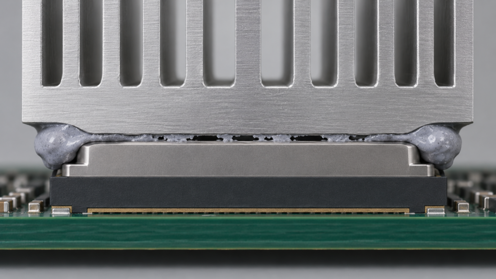 Cross-section of a heatsink and chip showing TIM pump-out, center voids, and edge squeeze-out