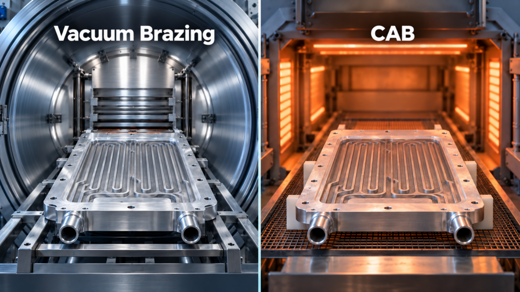 Split feature image showing an aluminum cold plate in a vacuum brazing furnace and in a CAB furnace
