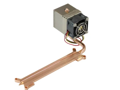 Active cooled heatsink with integrated fan, copper heatpipe, and extended copper cold plate