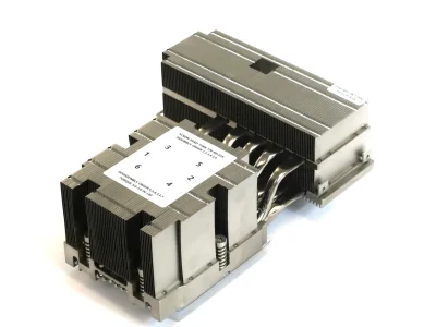 Alt Text: Embedded EVAC heatpipe heatsink assembly transferring heat from CPU to finned radiator.