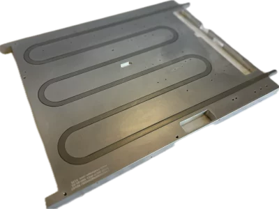 Large footprint industrial cold plate with aluminum base and embedded stainless steel tubes