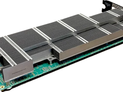 Large vapor chamber heatsink mounted on PCIe board with recessed fins for cable clearance