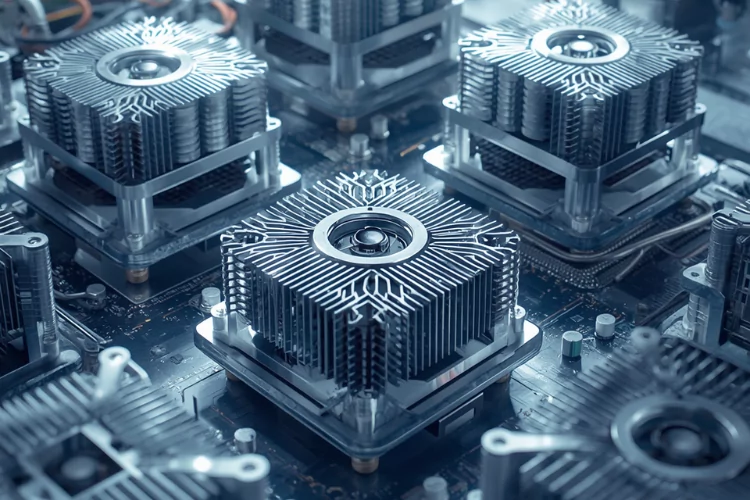 Multiple precision heat sink assemblies mounted on electronic circuit boards for thermal management.