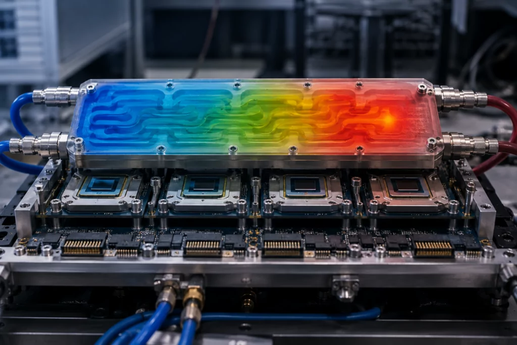 Liquid cold plate showing uneven temperature distribution across multiple processors.