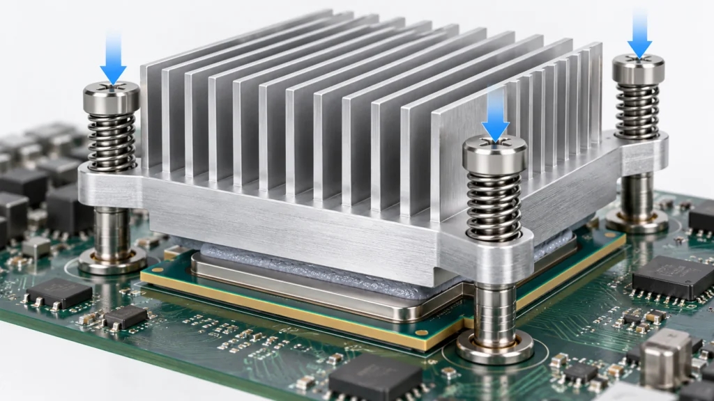 Heat sink mounting pressure applied with spring-loaded screws over a processor and thermal interface material