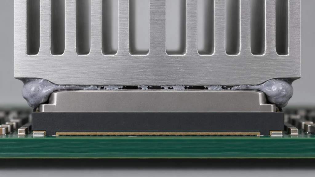 Cross-section of a heatsink and chip showing TIM pump-out, center voids, and edge squeeze-out
