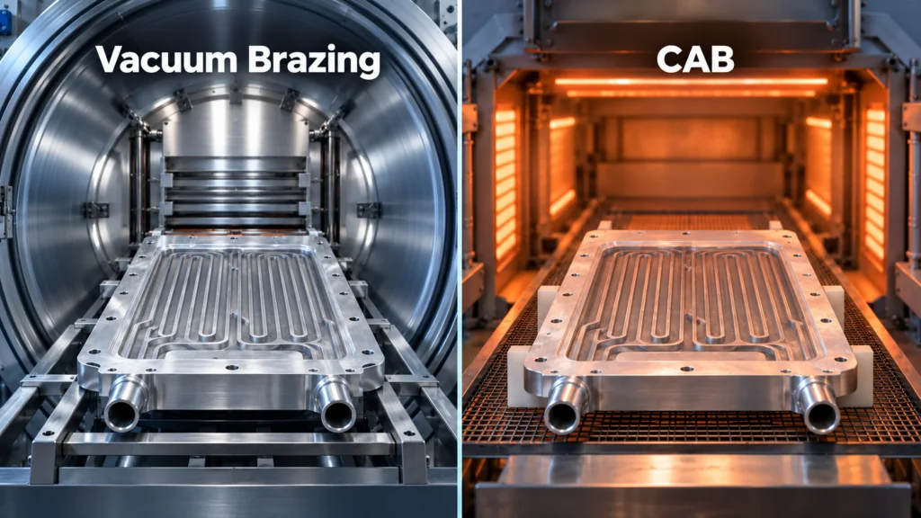 Split feature image showing an aluminum cold plate in a vacuum brazing furnace and in a CAB furnace